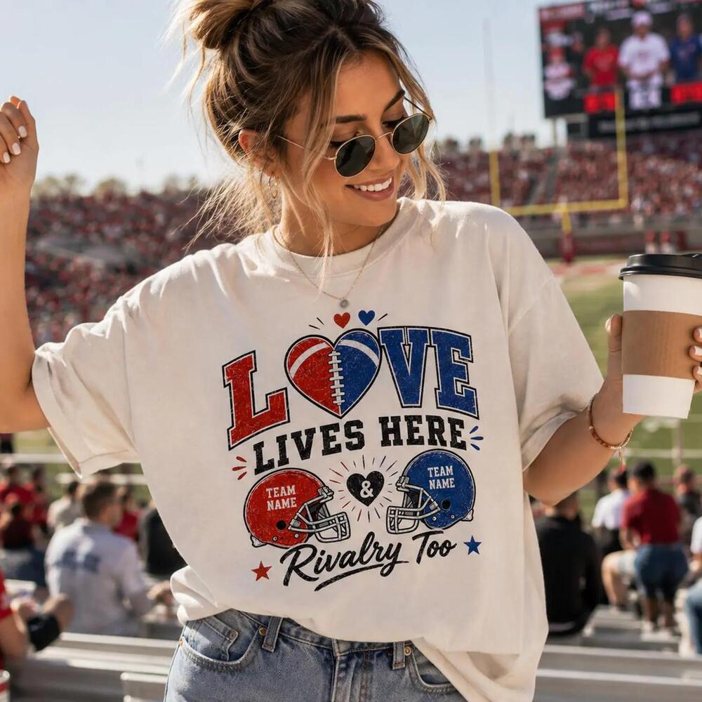 Personalized Two Team Football House Divided Rivalry Family Game Day Tee